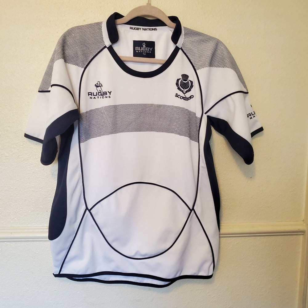 Rugby Nations Scotland Jersey Mens Medium White Navy Blue Embroidered Logo Shirt